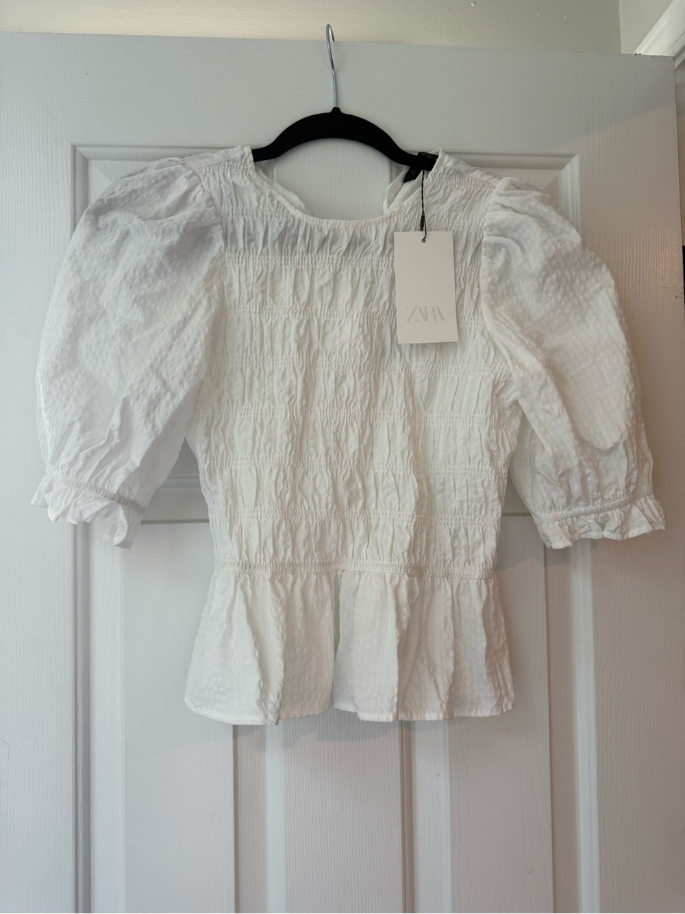 Zara White Smocked Peplum Top with Puff Sleeves